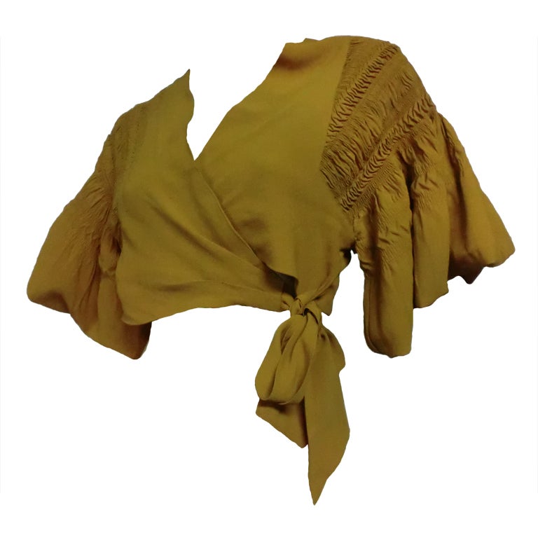 40s Mustard Rayon Bolero Jacket w/ Wrap Tie and Smocked Shoulder at