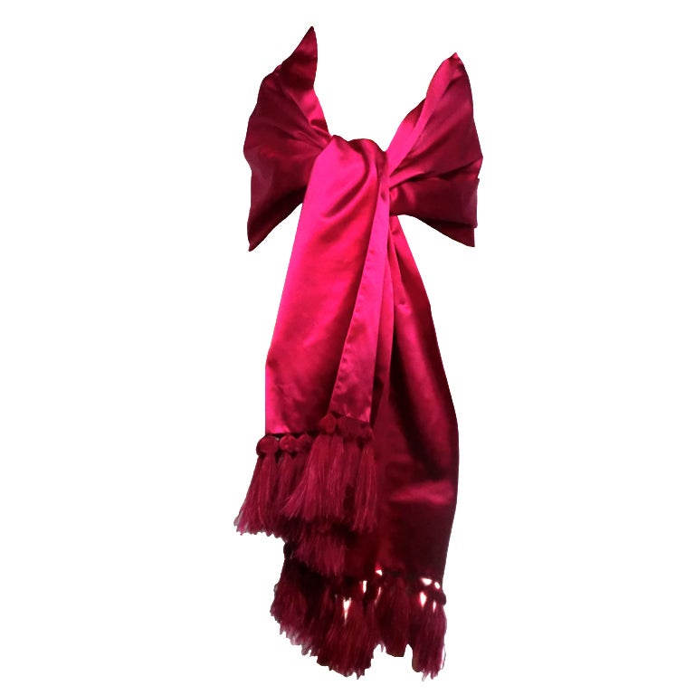 Couture Fuchsia Silk Stole w/ Ostrich Feather Tassels