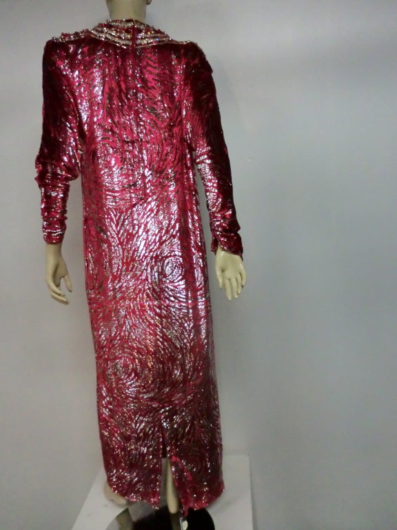 1980s Nina Ricci Haute Couture jeweled yolk lamé silk panné velvet caftan with pockets and fitted zippered cuffs