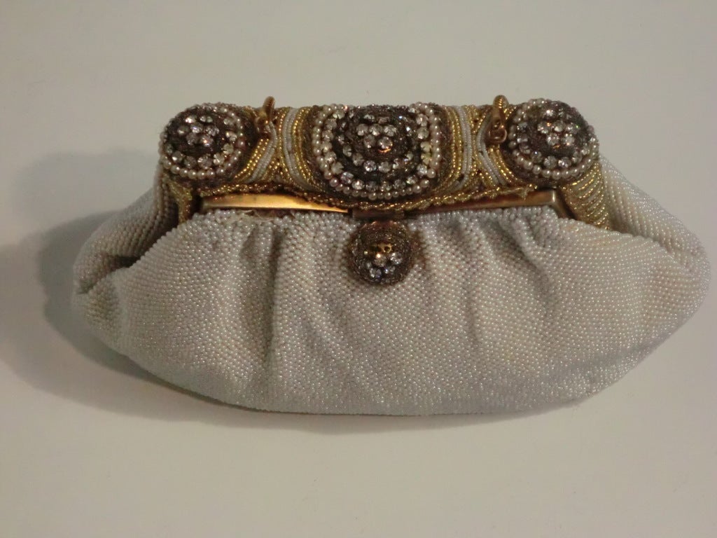 40s French Made Caviar Beaded and Stoned Frame Evening Bag 2