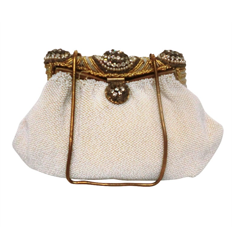 40s French Made Caviar Beaded and Stoned Frame Evening Bag