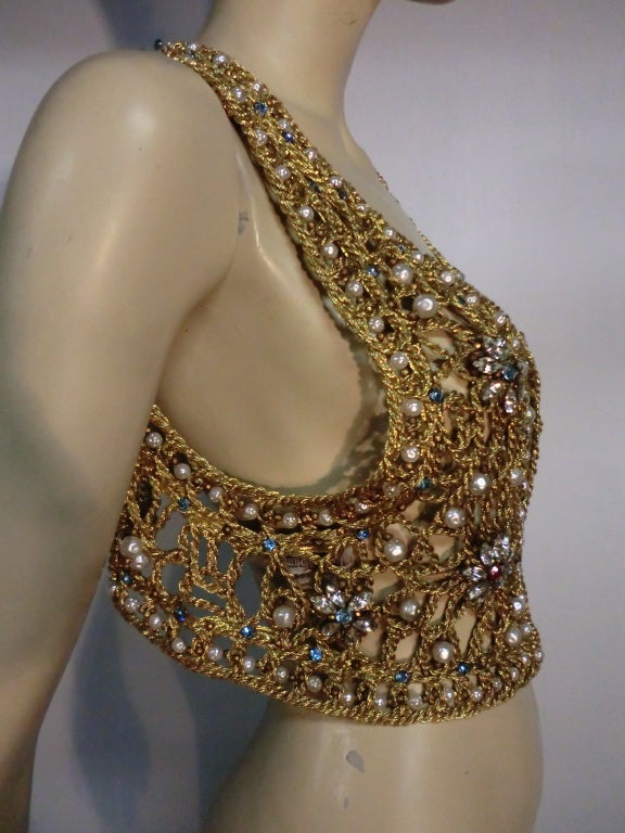 Women's 60s Neiman Marcus Gold Braid Openwork Vest w/ Pearls and Stones