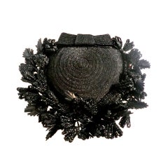 Vintage 50s Hattie Carnegie Black Straw Flower Trimmed Summer Hat