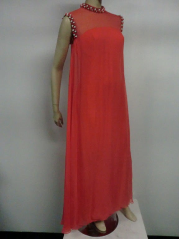 Women's 60s Tomato Red Silk Chiffon Gown with Beaded Trim