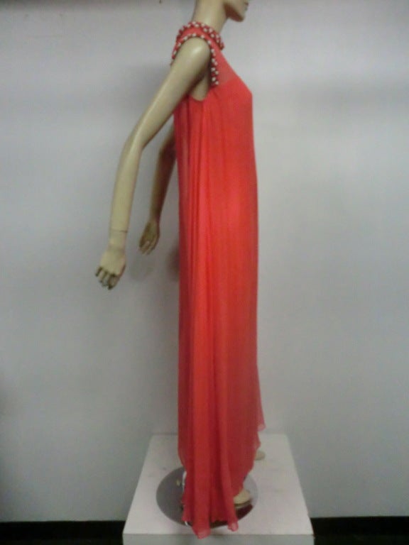 60s Tomato Red Silk Chiffon Gown with Beaded Trim 1
