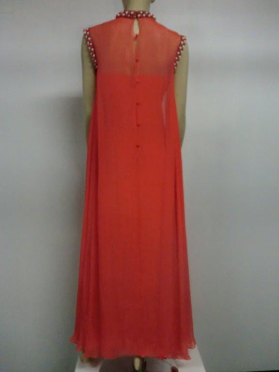 60s Tomato Red Silk Chiffon Gown with Beaded Trim 2