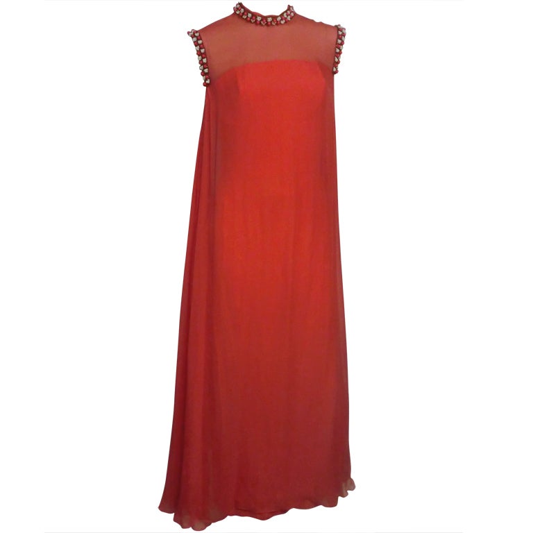 60s Tomato Red Silk Chiffon Gown with Beaded Trim