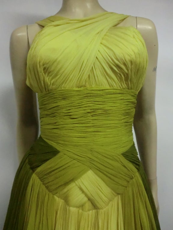 Women's Stunning 50s Silk Chiffon Party Dress in Shades of Chartreuse