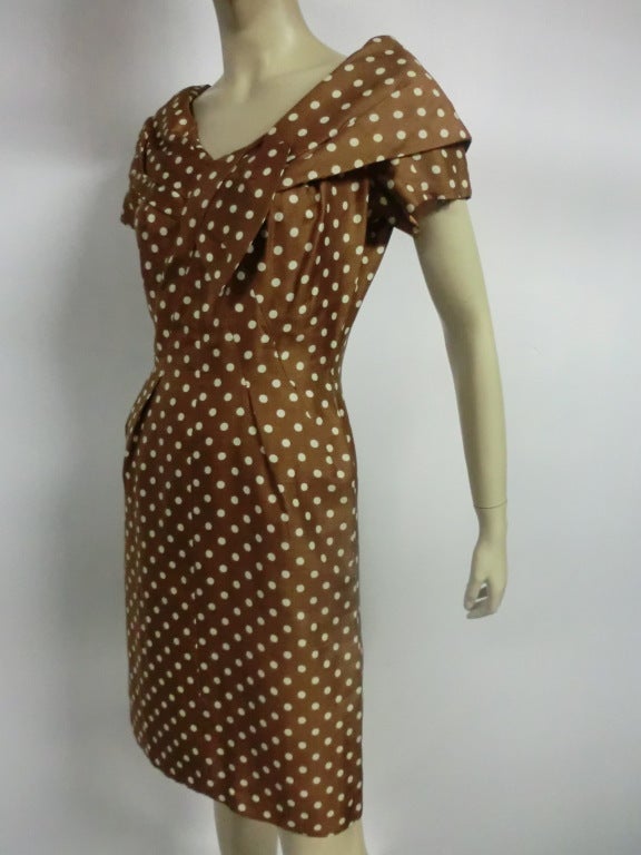 Women's 50s Silk Day Dress with Polkadots and Shawl Collar