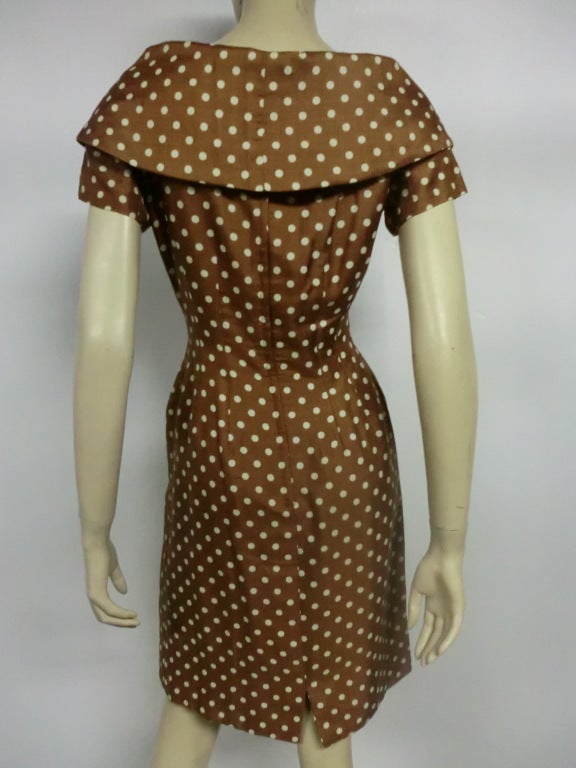50s Silk Day Dress with Polkadots and Shawl Collar 1