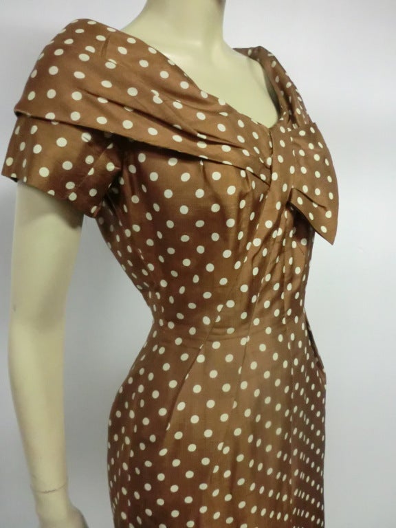 50s Silk Day Dress with Polkadots and Shawl Collar 2