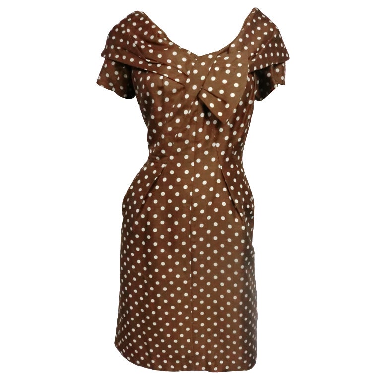 50s Silk Day Dress with Polkadots and Shawl Collar