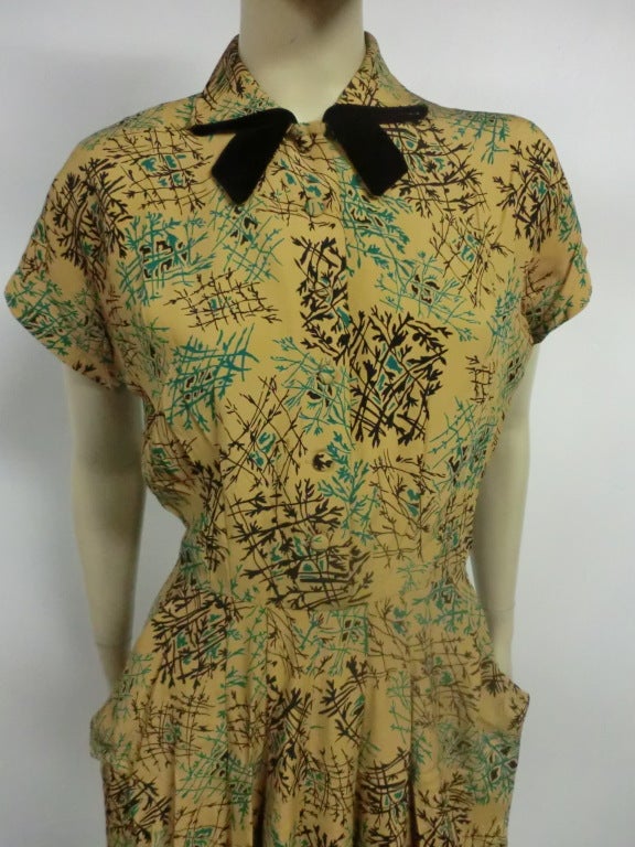 40s Rayon Day Dress w/ Stylized Foliage in Mustard, Teal, Black 2