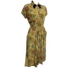 40s Rayon Day Dress w/ Stylized Foliage in Mustard, Teal, Black