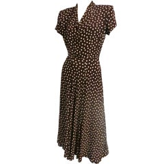 40s Chocolate Rayon Crepe Fit and Flare Dress with Polkadots