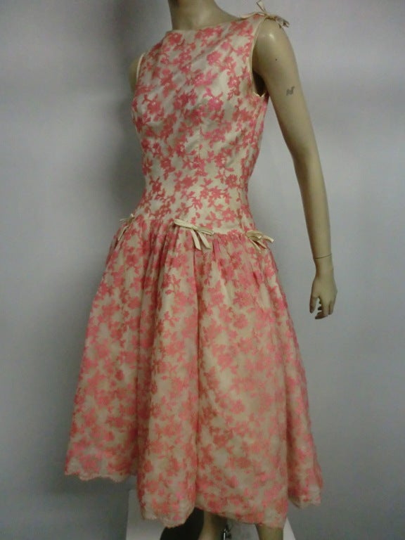 50s Dropped Waist Pink Lace Floral Party Dress w/ Underpinnings