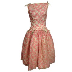 Vintage 50s Dropped Waist Pink Lace Floral Party Dress w/ Underpinnings