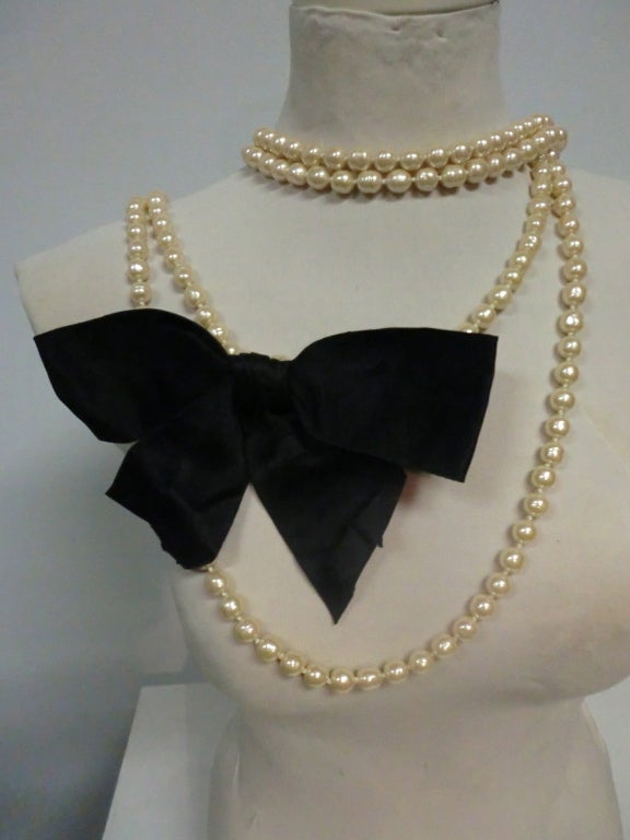 80's Chanel 9 Feet+ Faux Baroque Pearl Strand w/Satin Bow