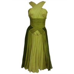 Vintage Stunning 50s Silk Chiffon Party Dress in Shades of Chartreuse