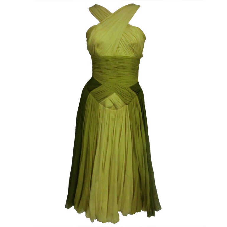 Stunning 50s Silk Chiffon Party Dress in Shades of Chartreuse