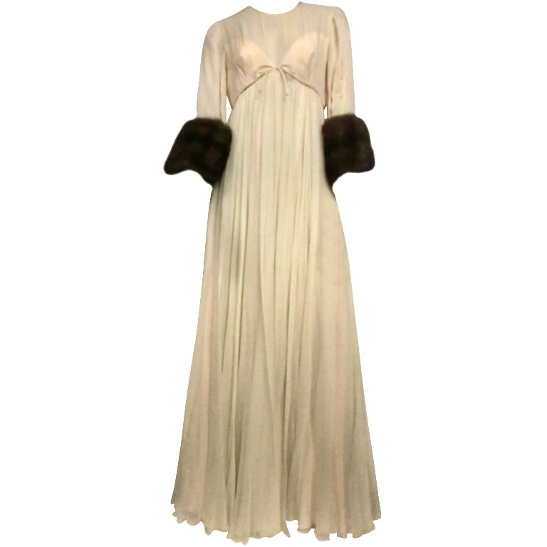 60s Sarmi Silk Chiffon Gown w/ Sable Fur Trimmed Sleeves