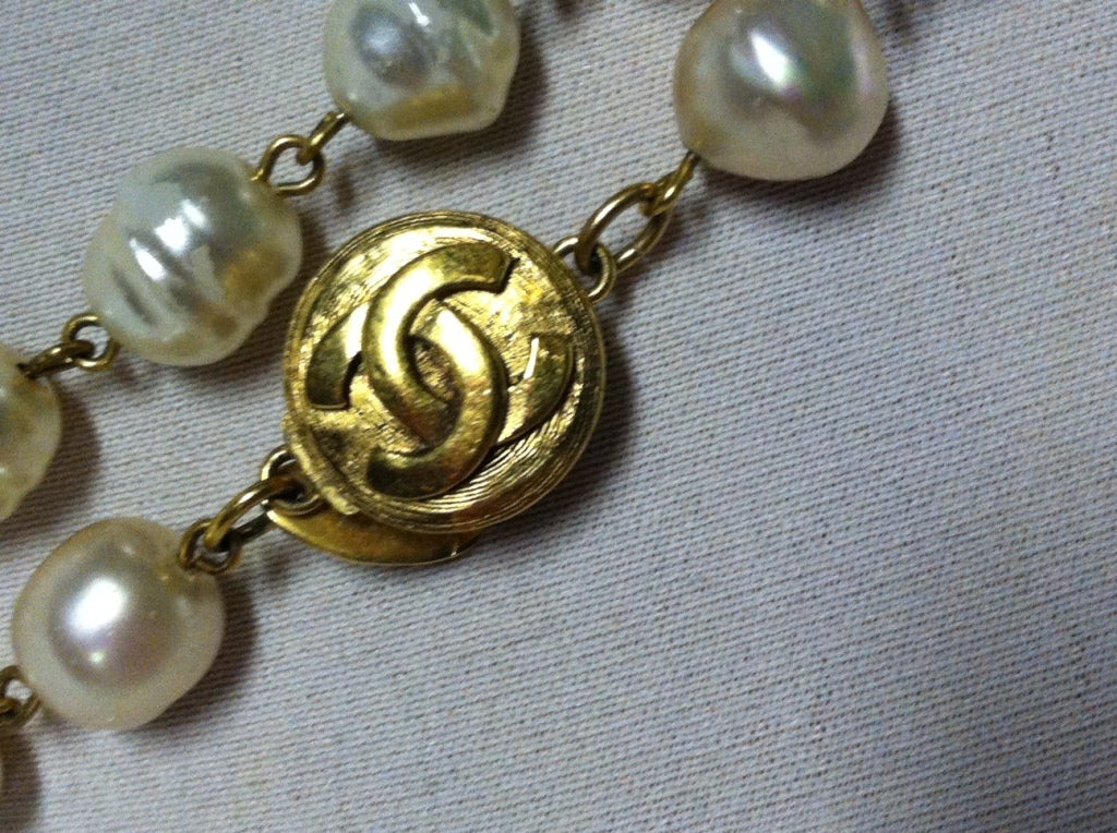 Chanel 48" Baroque Faux Pearl Strand w/ Gold and Rhinestones at 1stdibs
