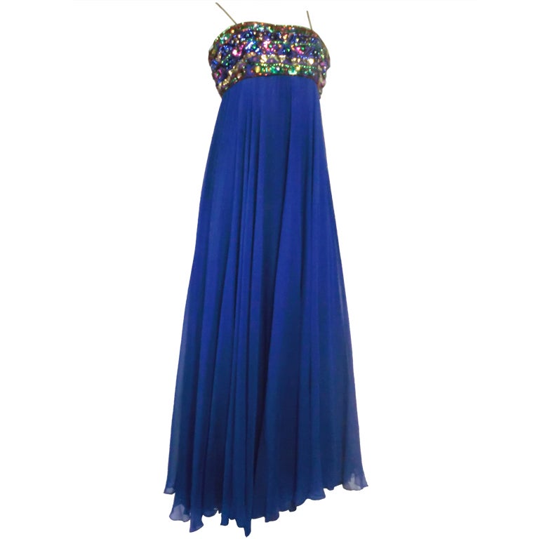 60s Malcolm Star Silk Chiffon Gown w/ Heavily Embellished Bodice