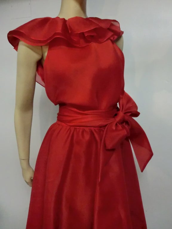 70s Halston Red Silk Organza Wrap Dress w/ Ruffles, Angled Hem at ...