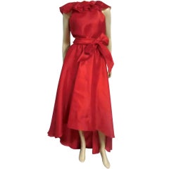Retro 70s Halston Red Silk Organza Wrap Dress w/ Ruffles, Angled Hem