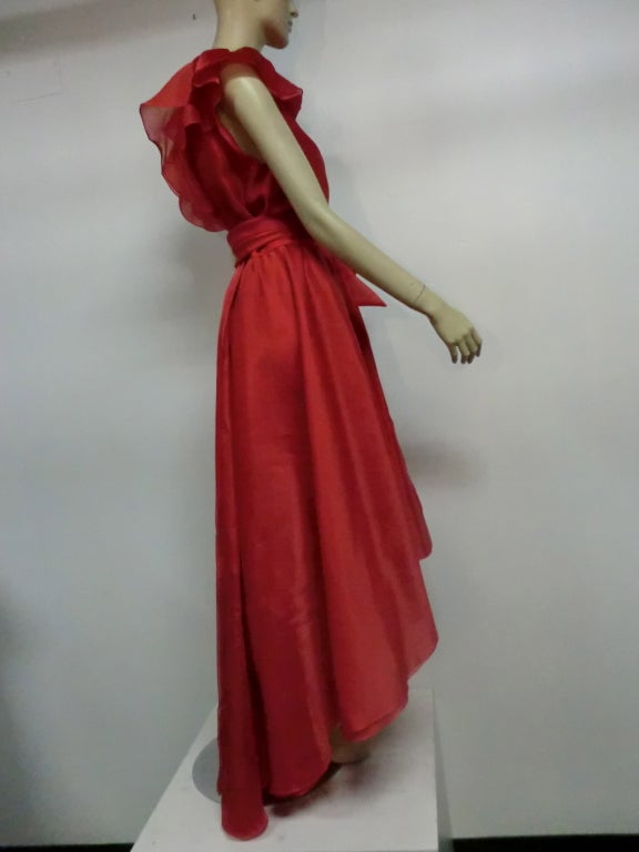 70s Halston Red Silk Organza Wrap Dress w/ Ruffles, Angled Hem 1