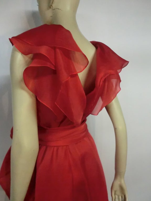70s Halston Red Silk Organza Wrap Dress w/ Ruffles, Angled Hem 2