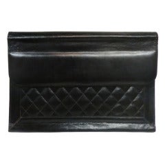 70s Edward Harvey Black Leather Quilted Envelope Clutch
