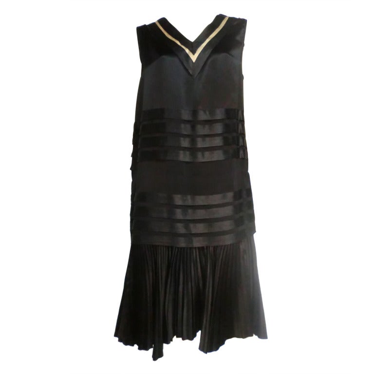 20s Satin Black and White Pleated Tea Dress