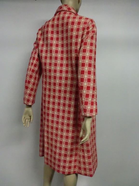 A smart, crisp 1960s Givenchy double breasted red and white gingham check day coat.  Marked Givenchy. US size 6-8