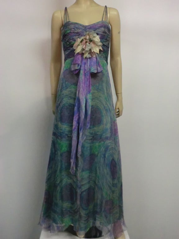 A gorgeous 1960s Michael Novarese watercolor silk chiffon gown with structured, boned, ruched bodice, triple spaghetti straps and large corsage at bodice front.  Gorgeous.