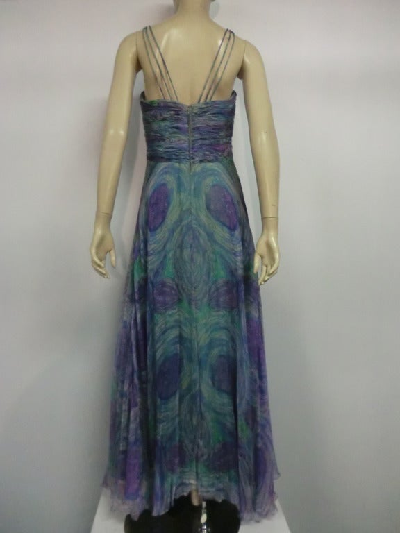 Gray 1960s Michael Novarese Watercolor Silk Chiffon Gown w/ Corsage