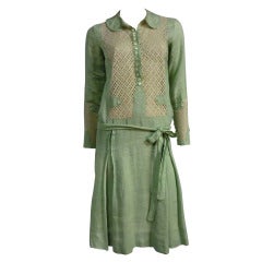Antique 1920s "Gatsby" Style Mint Green Linen Day Dress w/ Eyelet Lace