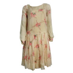 1920s Silk Chiffon Floral Print Tea Dress w/ Dropped Waist