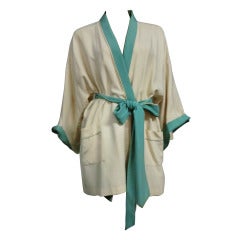 1920s Silk Crepe Two-Tone Bath Robe in Ivory and Mint Green