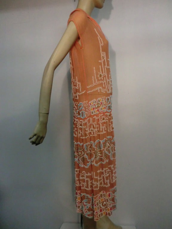 Women's 1920s Hand-Beaded and Embroidered Peach Organdy Tea Dress