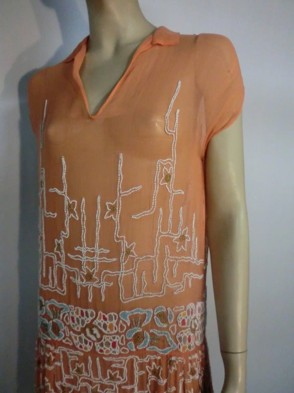 1920s Hand-Beaded and Embroidered Peach Organdy Tea Dress 1