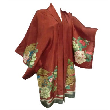 1940s Silk Print Kimono w/ Peony and Foo Dog Pattern