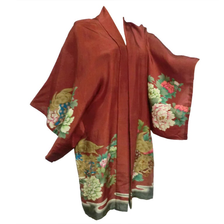 1940s Silk Print Kimono w/ Peony and Foo Dog Pattern at 1stDibs