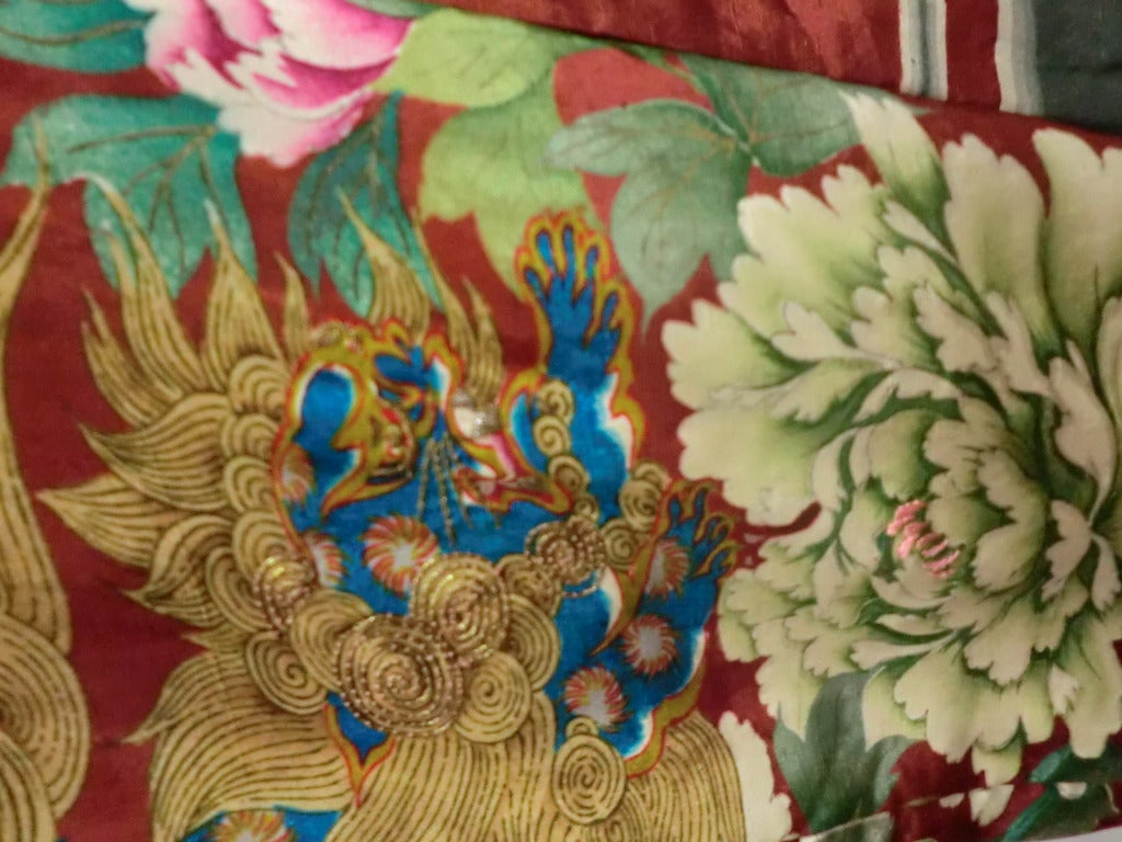 1940s Silk Print Kimono w/ Peony and Foo Dog Pattern In Excellent Condition In Gresham, OR