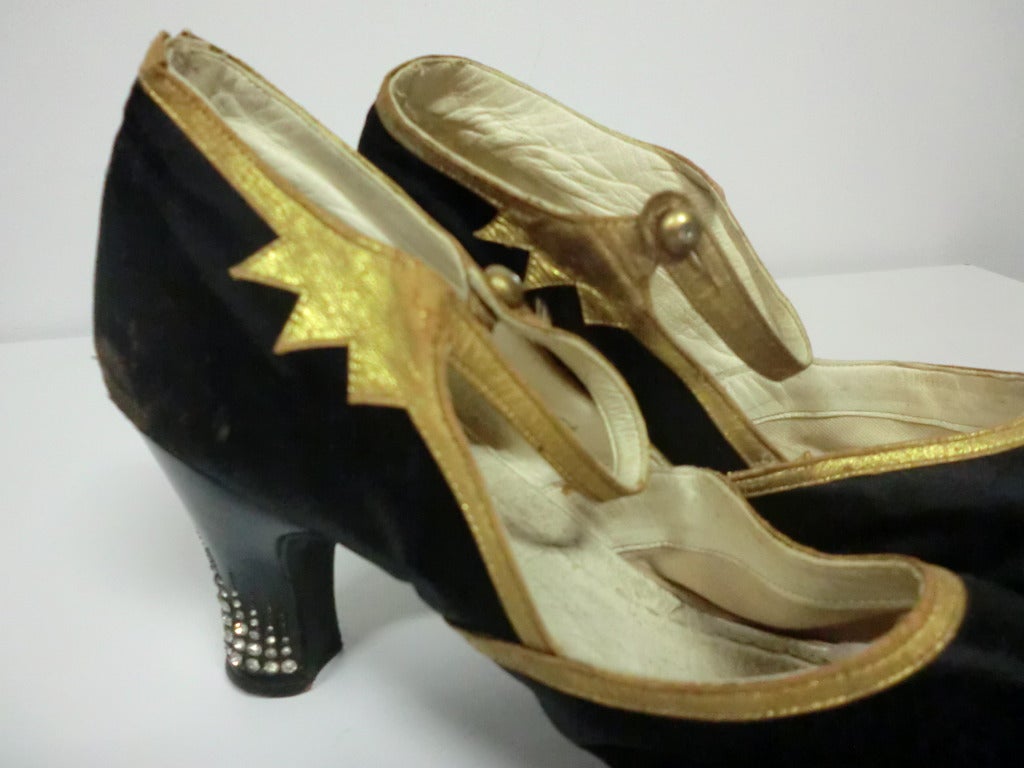 Women's 1920's Silk/Gilt Leather and Rhinestone Dancing Shoe
