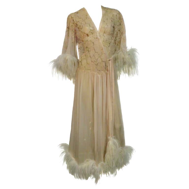 1920's Silk Lace and Chiffon Negligee w/ Ostrich Feather Trim For Sale ...