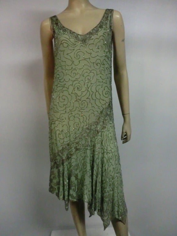 1920's Art Deco Mint Green Silk Asymmetrical Beaded Tea Dress