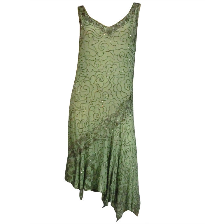 1920's Art Deco Mint Green Silk Asymmetrical Beaded Tea Dress