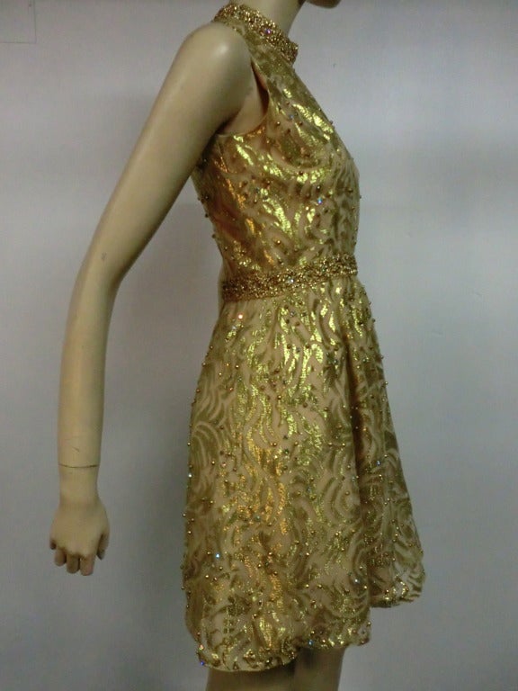 60s Mod Baby Doll Dress in Gold Lace and Studs In Excellent Condition In Gresham, OR