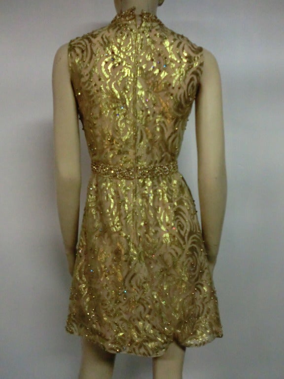 Women's 60s Mod Baby Doll Dress in Gold Lace and Studs